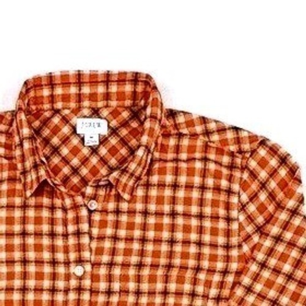 J Crew Plaid Button Down‎ Shirt Orange Tan Black White Long Sleeve Cotton Mens M